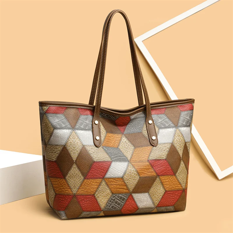 2024 New Women's Large Capacity Commuter Handbag Casual PU Leather Patchwork Tote Bag Fashionable Underarm Single Shoulder Bag