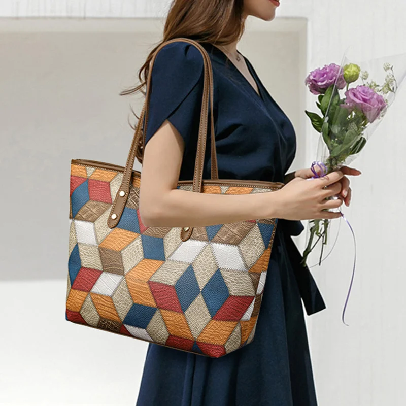 2024 New Women's Large Capacity Commuter Handbag Casual PU Leather Patchwork Tote Bag Fashionable Underarm Single Shoulder Bag