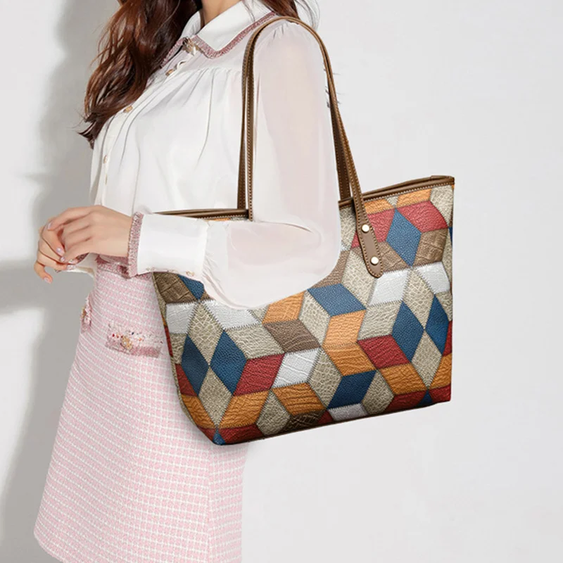 2024 New Women's Large Capacity Commuter Handbag Casual PU Leather Patchwork Tote Bag Fashionable Underarm Single Shoulder Bag