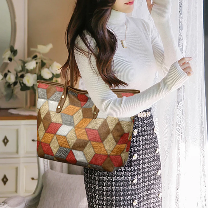 2024 New Women's Large Capacity Commuter Handbag Casual PU Leather Patchwork Tote Bag Fashionable Underarm Single Shoulder Bag