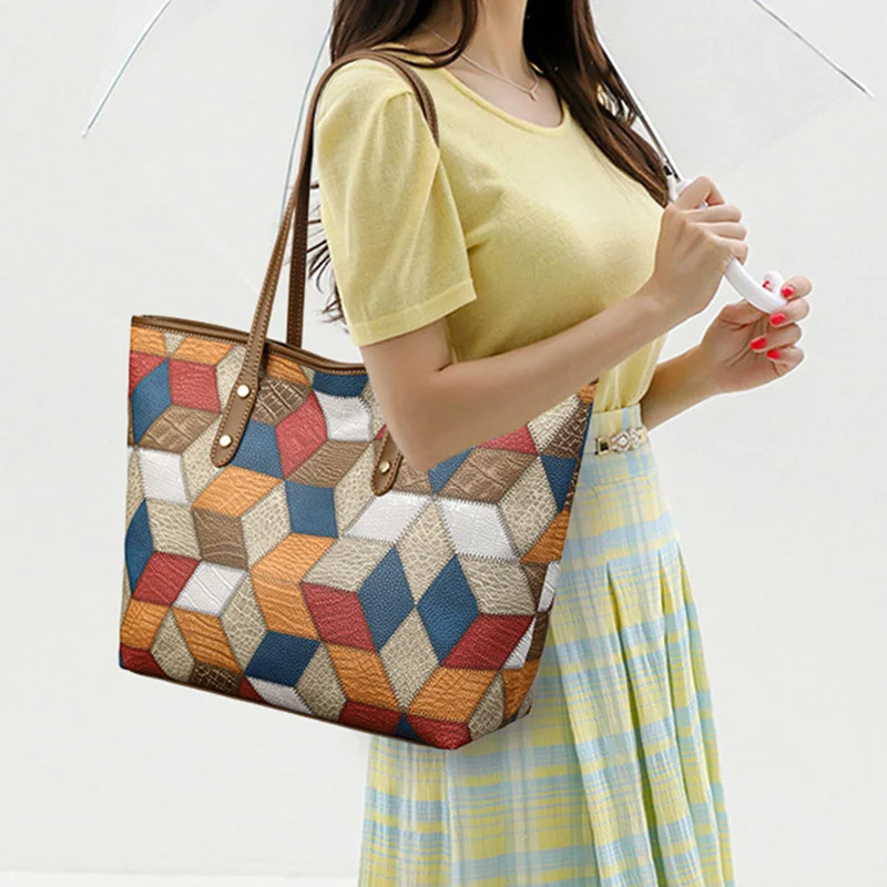 2024 New Women's Large Capacity Commuter Handbag Casual PU Leather Patchwork Tote Bag Fashionable Underarm Single Shoulder Bag