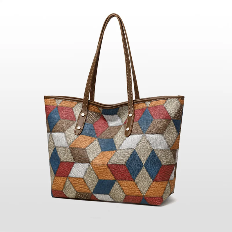 2024 New Women's Large Capacity Commuter Handbag Casual PU Leather Patchwork Tote Bag Fashionable Underarm Single Shoulder Bag