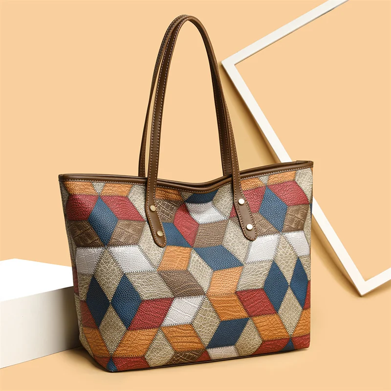2024 New Women's Large Capacity Commuter Handbag Casual PU Leather Patchwork Tote Bag Fashionable Underarm Single Shoulder Bag