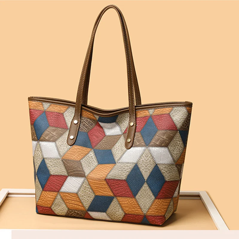 2024 New Women's Large Capacity Commuter Handbag Casual PU Leather Patchwork Tote Bag Fashionable Underarm Single Shoulder Bag