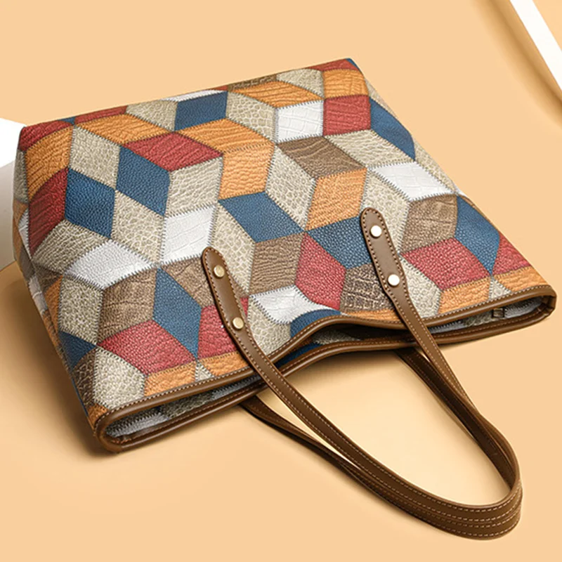 2024 New Women's Large Capacity Commuter Handbag Casual PU Leather Patchwork Tote Bag Fashionable Underarm Single Shoulder Bag