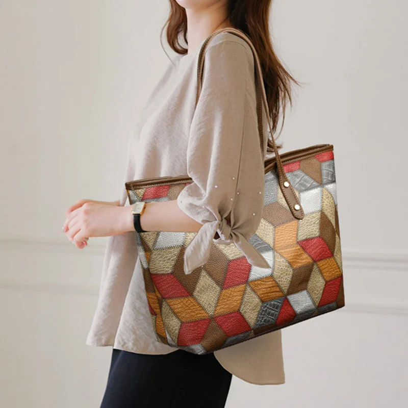 2024 New Women's Large Capacity Commuter Handbag Casual PU Leather Patchwork Tote Bag Fashionable Underarm Single Shoulder Bag