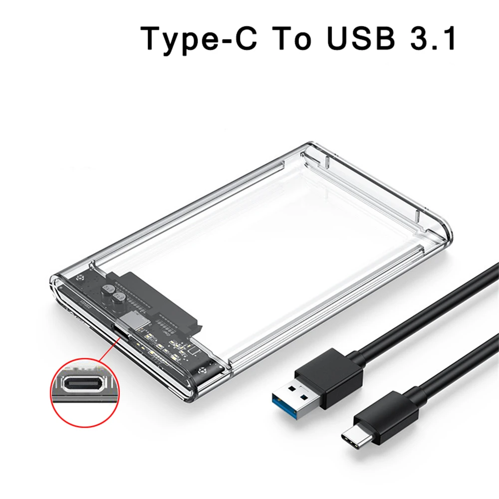 2.5 inch Hard Drive Enclosure USB 3.0/Type C to SATA III Clear External Hard Drive Case for 2.5 inch SATA SSD HDD Support UASP