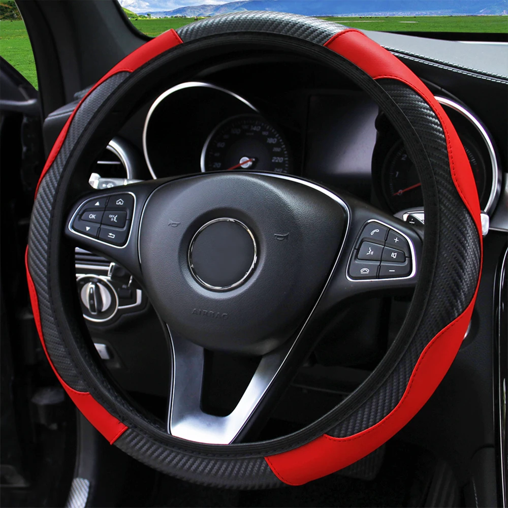 PU Carbon Fiber Leather Car Steering Wheel Cover Without Inner Ring Suitable for 14.5-15 Inches of Automotive Supplies