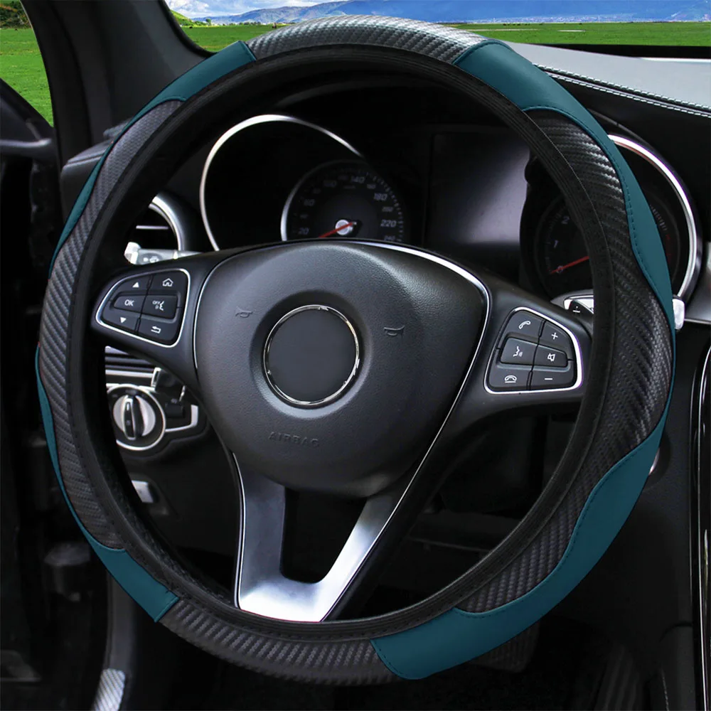 PU Carbon Fiber Leather Car Steering Wheel Cover Without Inner Ring Suitable for 14.5-15 Inches of Automotive Supplies