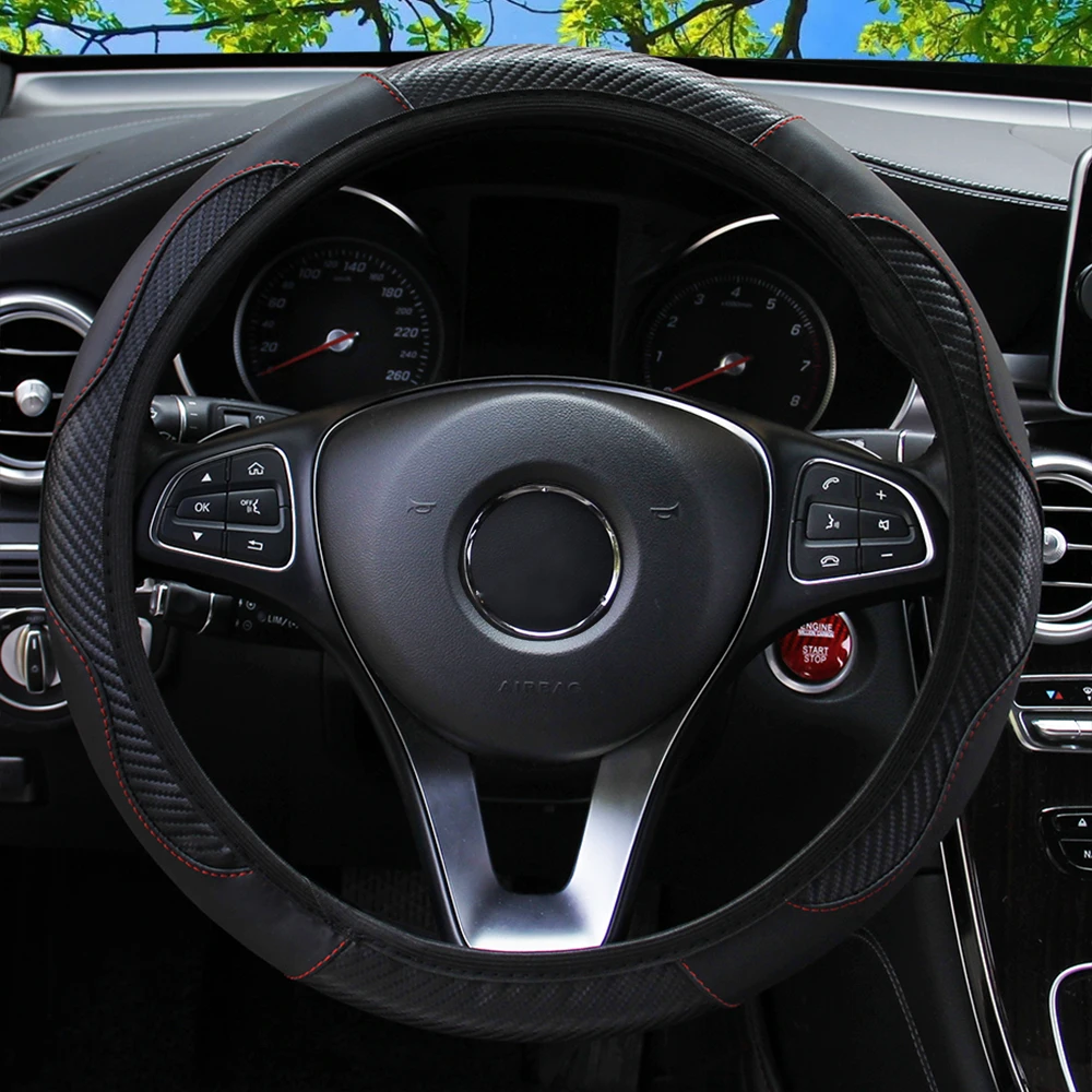 PU Carbon Fiber Leather Car Steering Wheel Cover Without Inner Ring Suitable for 14.5-15 Inches of Automotive Supplies