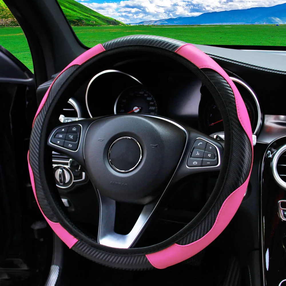 PU Carbon Fiber Leather Car Steering Wheel Cover Without Inner Ring Suitable for 14.5-15 Inches of Automotive Supplies