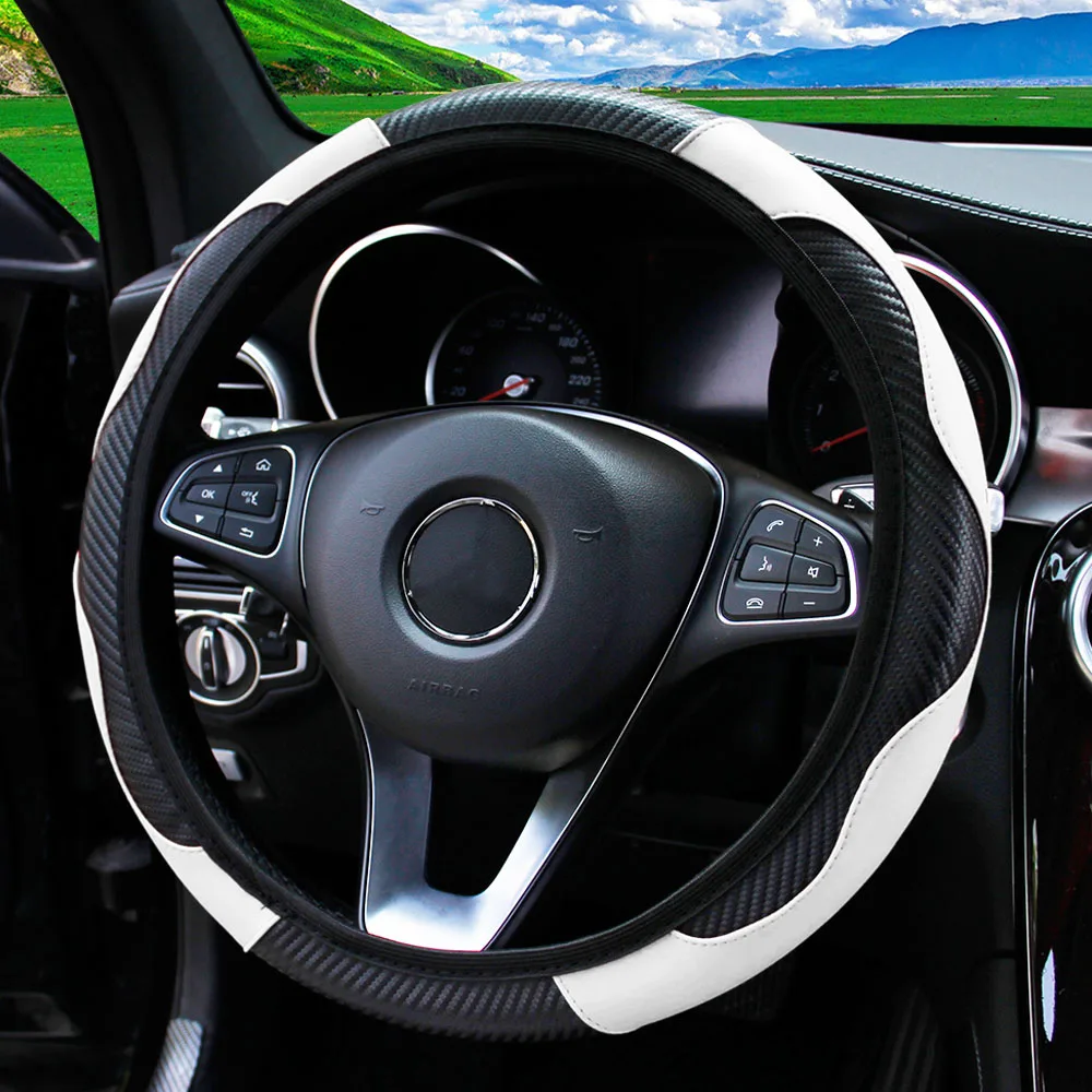 PU Carbon Fiber Leather Car Steering Wheel Cover Without Inner Ring Suitable for 14.5-15 Inches of Automotive Supplies