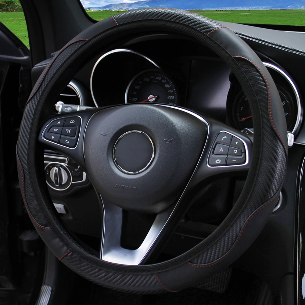PU Carbon Fiber Leather Car Steering Wheel Cover Without Inner Ring Suitable for 14.5-15 Inches of Automotive Supplies