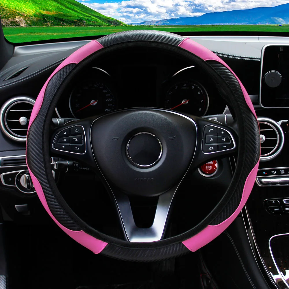 PU Carbon Fiber Leather Car Steering Wheel Cover Without Inner Ring Suitable for 14.5-15 Inches of Automotive Supplies