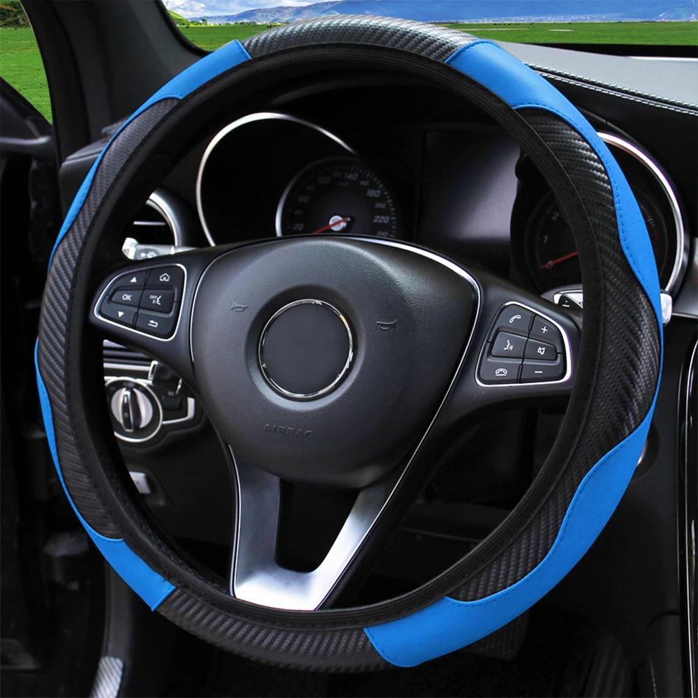 PU Carbon Fiber Leather Car Steering Wheel Cover Without Inner Ring Suitable for 14.5-15 Inches of Automotive Supplies