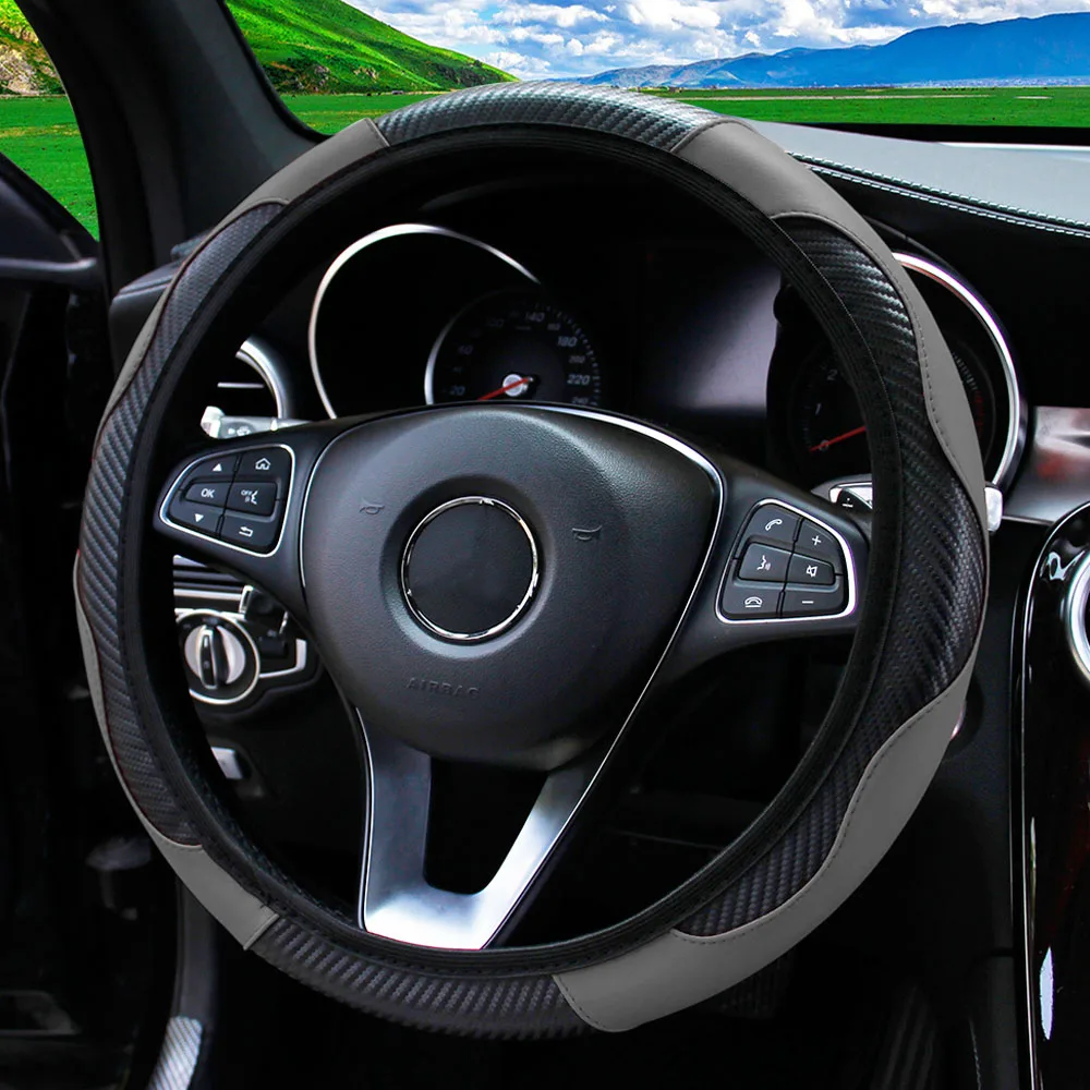 PU Carbon Fiber Leather Car Steering Wheel Cover Without Inner Ring Suitable for 14.5-15 Inches of Automotive Supplies