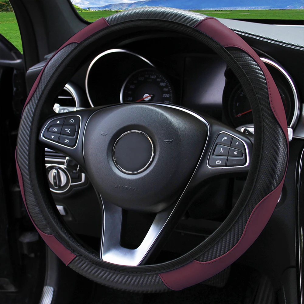 PU Carbon Fiber Leather Car Steering Wheel Cover Without Inner Ring Suitable for 14.5-15 Inches of Automotive Supplies
