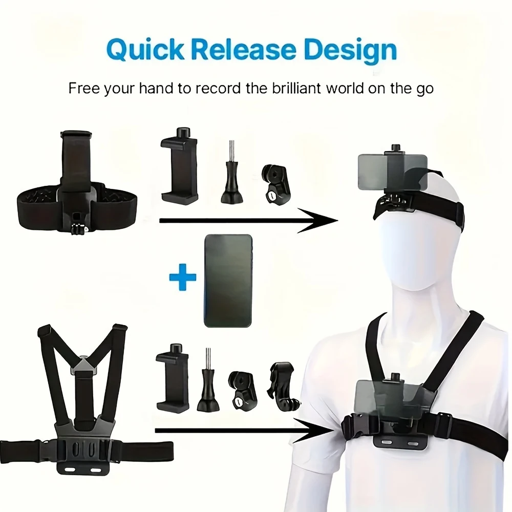Adjustable All-in-One Action Camera Accessories Kit - Head Strap Chest Strap Mount Compatible with GoPro Hero Osmo SJCAM AKASO I