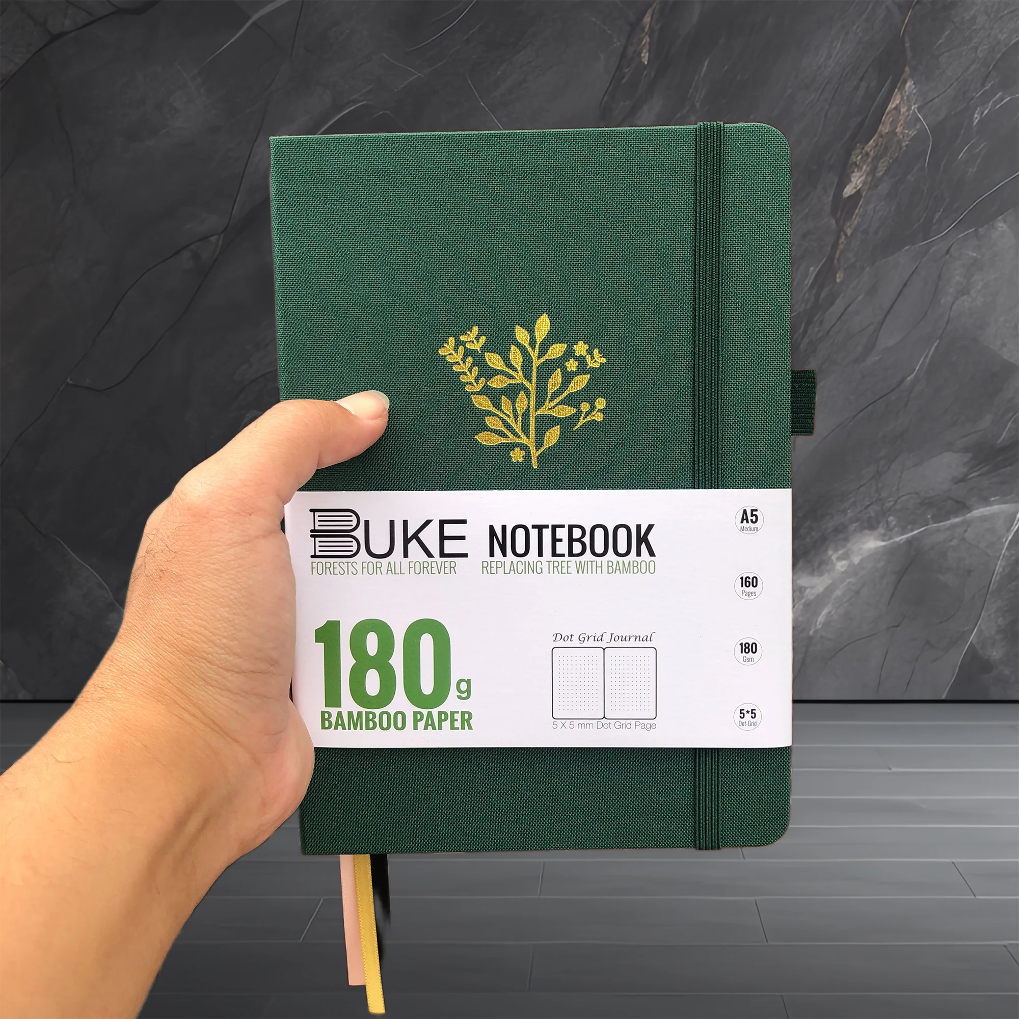 BUKE 180gsm BAMBOO PAPER Dot Grid JOURNAL Dotted Notebook Drawing Books - Forest Green Color