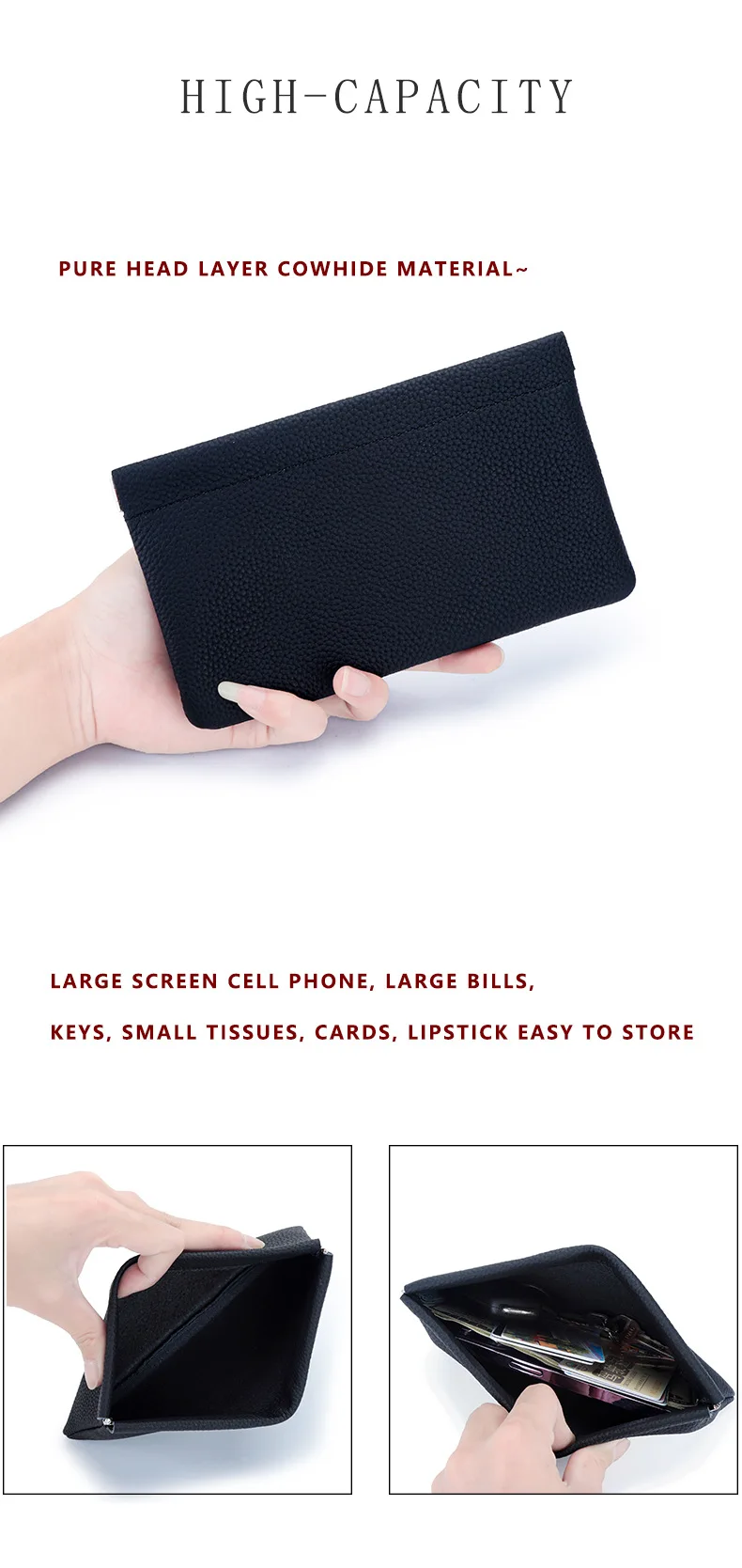 Genuine Leather Ladies Clip Clutch Bag Multifunctional Organizer Wallet Women's Purse Phone Bag Travel Makeup Bag