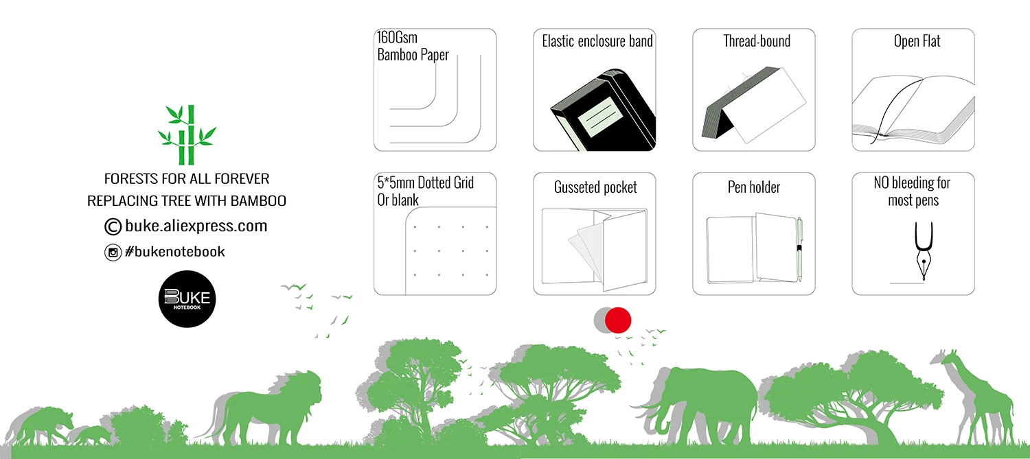 BUKE Elephant Dotted Journal,160gsm Thick Cream Paper Dot Grid Notebook 160 Pages Numbered, 5*5mm DOT-GRID Layouts, Additional