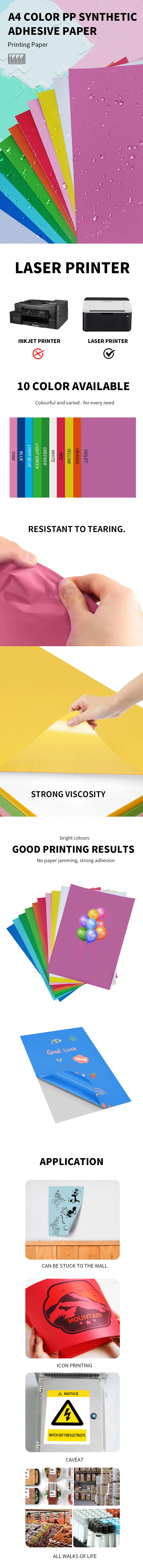 A4 Vinyl Sticker Paper 20 PCS PP Synthetic Adhesive Paper Color Self-adhesive Printing Paper Waterproof Oilproof Tear Resistant