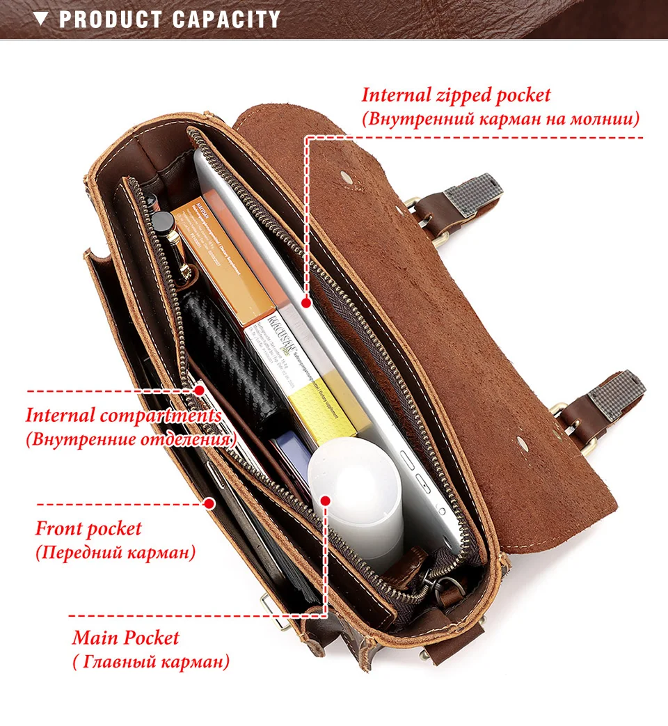 Crazy Horse Leather Men Messenger Bag Business Laptop Briefcase Casual Male Work Tote Bags for Ipad Large Capacity Travel Bag