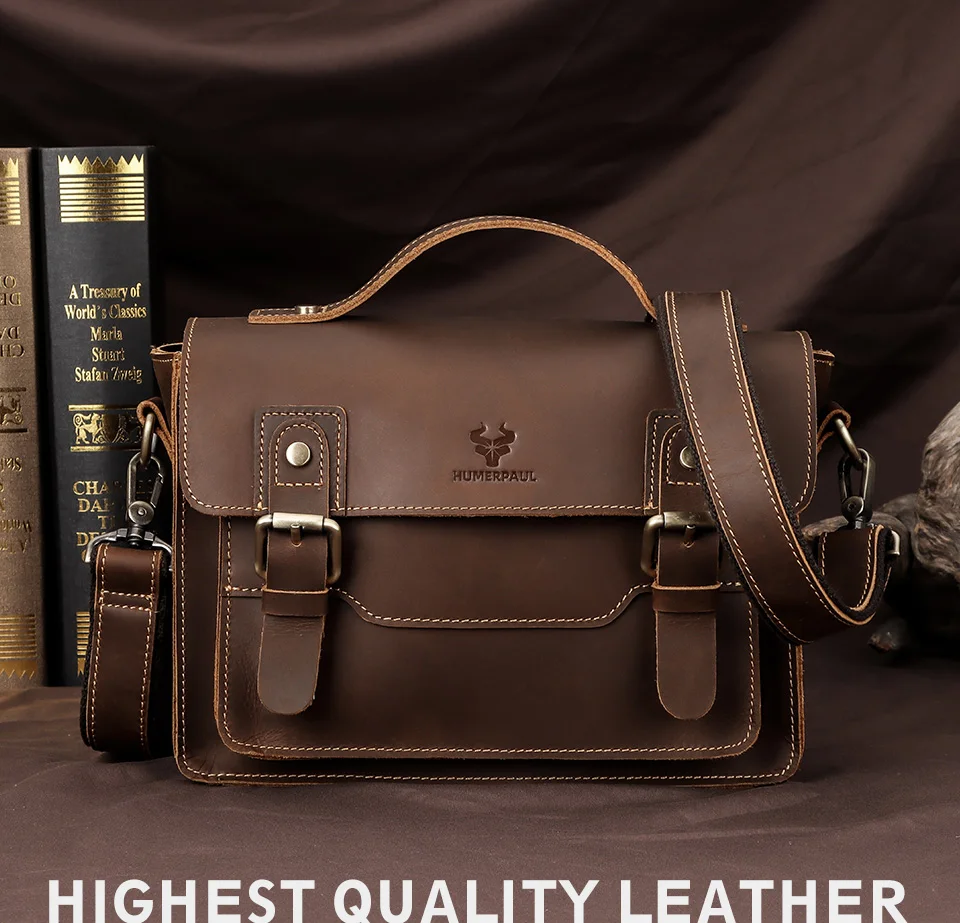 Crazy Horse Leather Men Messenger Bag Business Laptop Briefcase Casual Male Work Tote Bags for Ipad Large Capacity Travel Bag