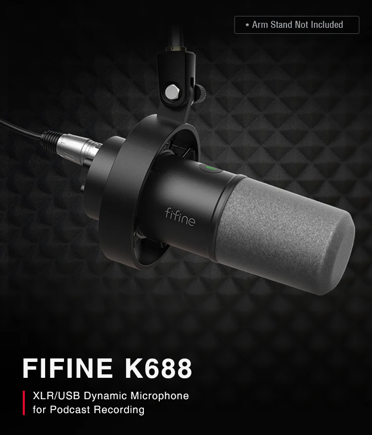 FIFINE USB/XLR Dynamic Microphone with Shock Mount,Touch-mute,Headphone Jack&Volume Control,for PC or Sound Card Recording -K688