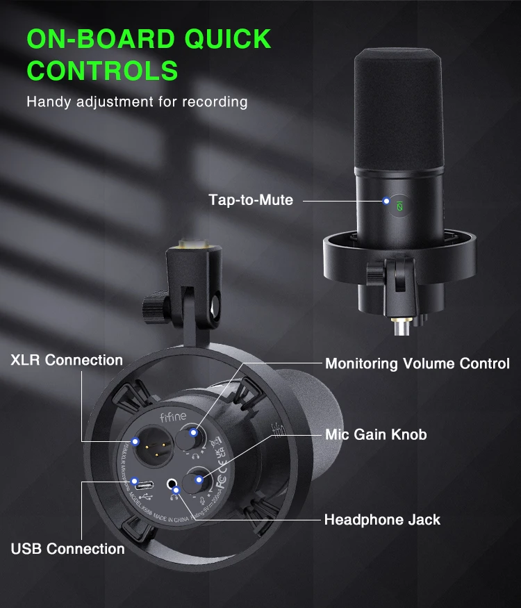 FIFINE USB/XLR Dynamic Microphone with Shock Mount,Touch-mute,Headphone Jack&Volume Control,for PC or Sound Card Recording -K688