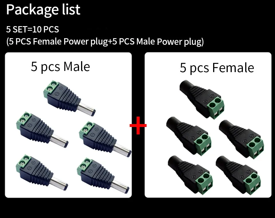 5pairs DC 12V Female And Male Connectors 5.5x2.1mm Power Plug Adapter Jacks Sockets For Signal Color LED Strip Light CCTV Camera