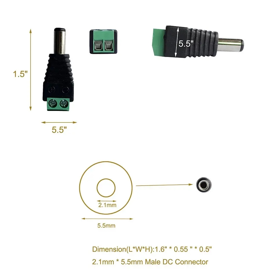 5pairs DC 12V Female And Male Connectors 5.5x2.1mm Power Plug Adapter Jacks Sockets For Signal Color LED Strip Light CCTV Camera