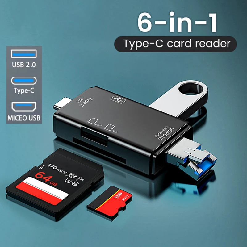 6 in 1 Card Reader USB3.0 to Type C Micro USB Universal OTG Adapter Multifunctional Adapter SD TF High-Speed Transmission