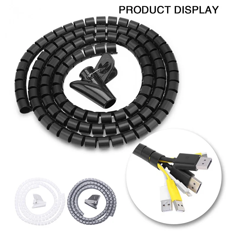 2M 16/10mm Flexible Spiral Cable Wire Protector Cable Organizer Computer Cord Protective Tube Clip Organizer Management Tools