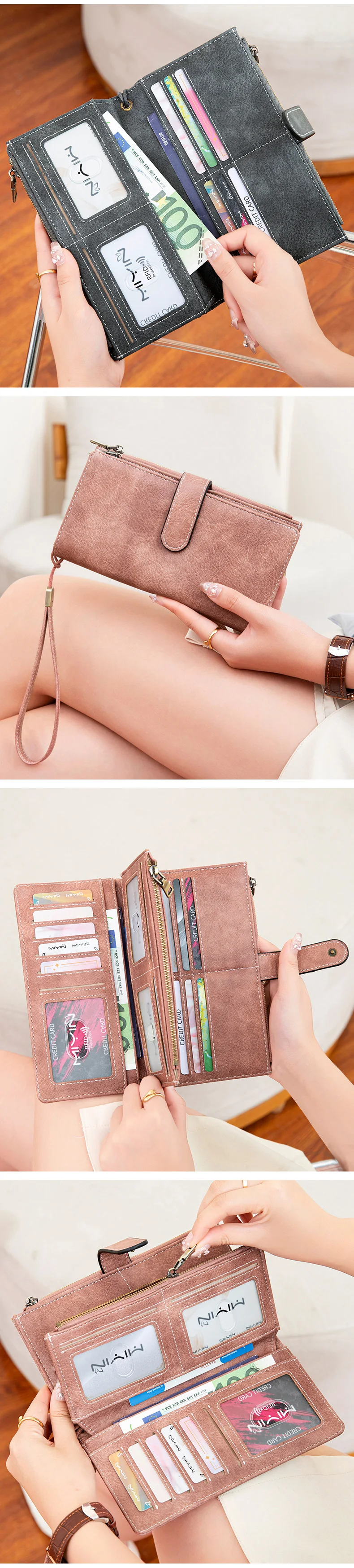 MIYIN Fashion Vintage Women Wallet RFIDShieldingDouble Zipper Long Wallet Trifold Credit CardHolder Women Clutch Wristlet Wallet
