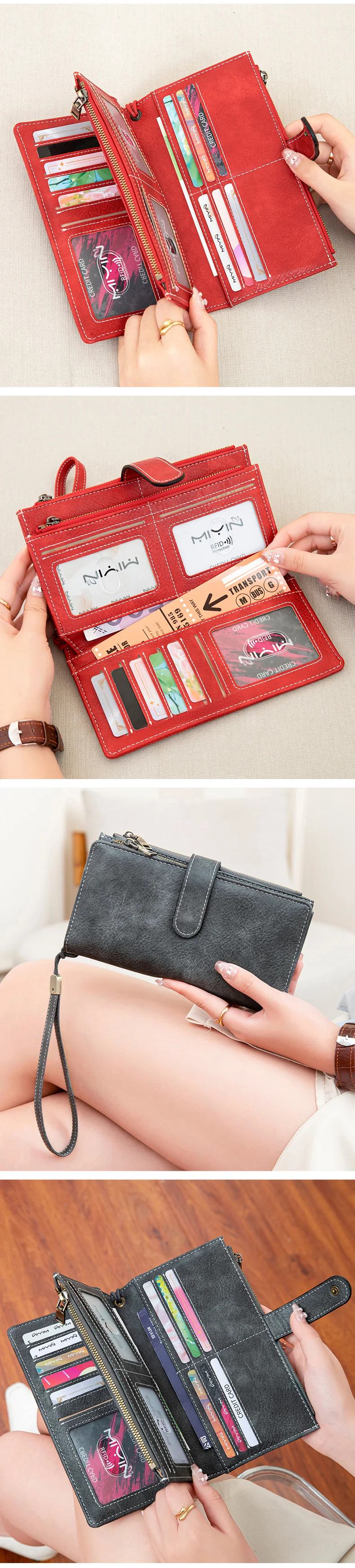 MIYIN Fashion Vintage Women Wallet RFIDShieldingDouble Zipper Long Wallet Trifold Credit CardHolder Women Clutch Wristlet Wallet