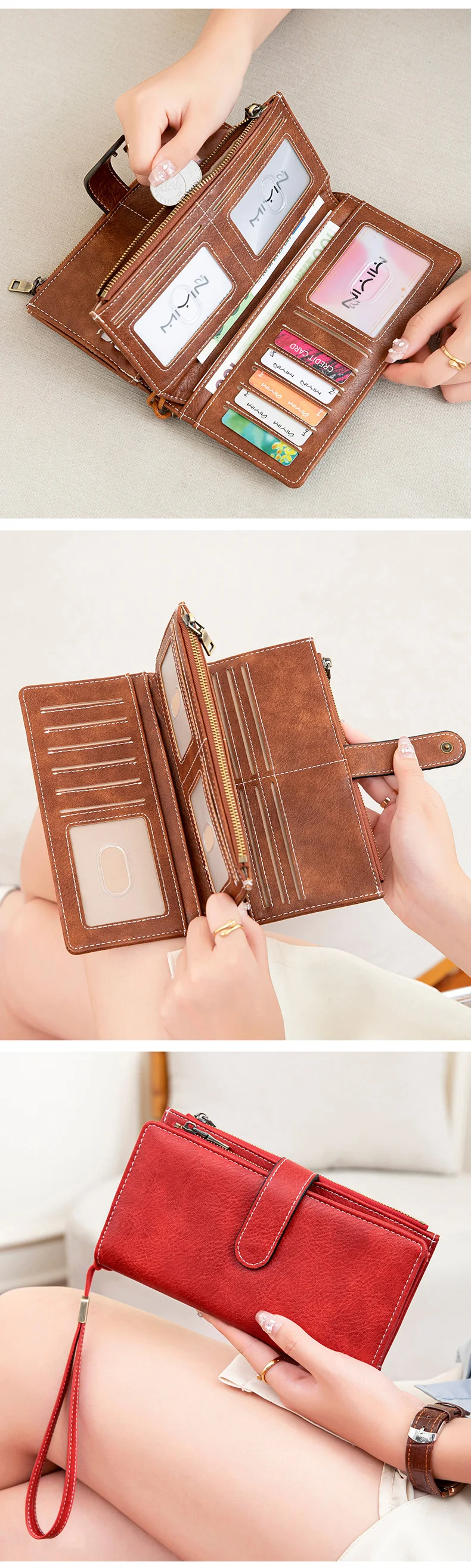 MIYIN Fashion Vintage Women Wallet RFIDShieldingDouble Zipper Long Wallet Trifold Credit CardHolder Women Clutch Wristlet Wallet