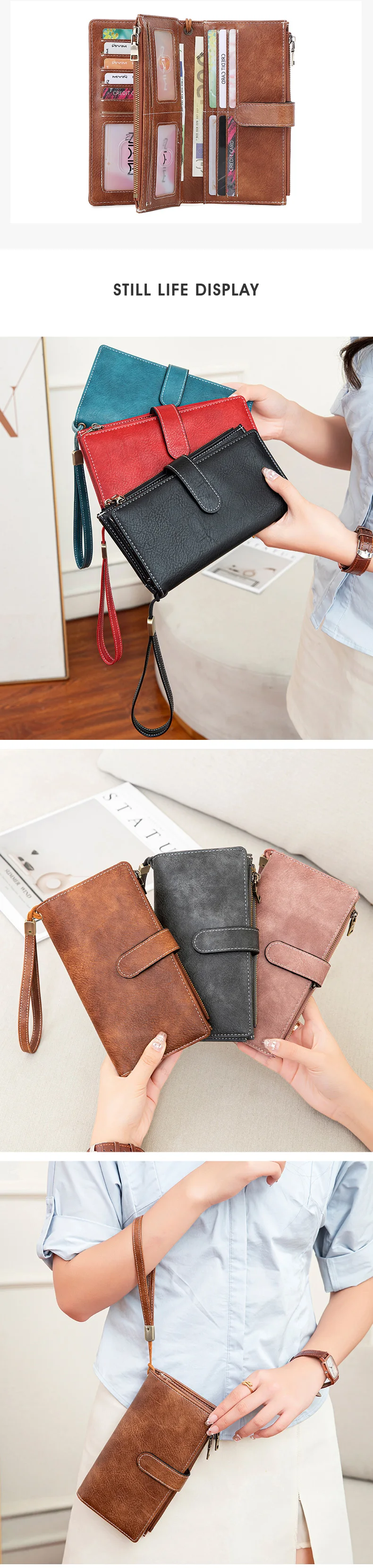 MIYIN Fashion Vintage Women Wallet RFIDShieldingDouble Zipper Long Wallet Trifold Credit CardHolder Women Clutch Wristlet Wallet