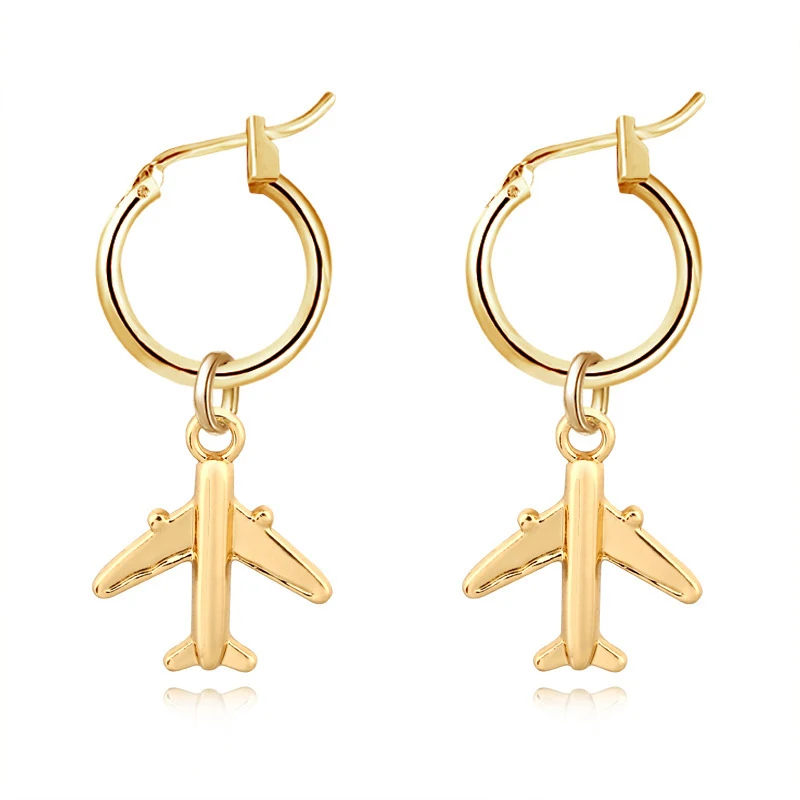 PESENAR Fashionable Gold Small Airplane Pendant Earrings with Simple and Personalized Solid Color Earrings and Ear Buckles
