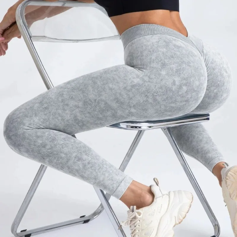 Sports Seamless Leggings Women V-back Waist Tights High Waist Hip Liftting Gym Pants Frosted Water Wash Stretchy Yoga Leggings
