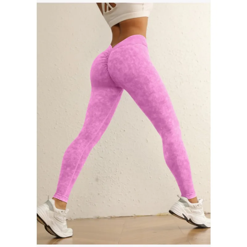 Sports Seamless Leggings Women V-back Waist Tights High Waist Hip Liftting Gym Pants Frosted Water Wash Stretchy Yoga Leggings
