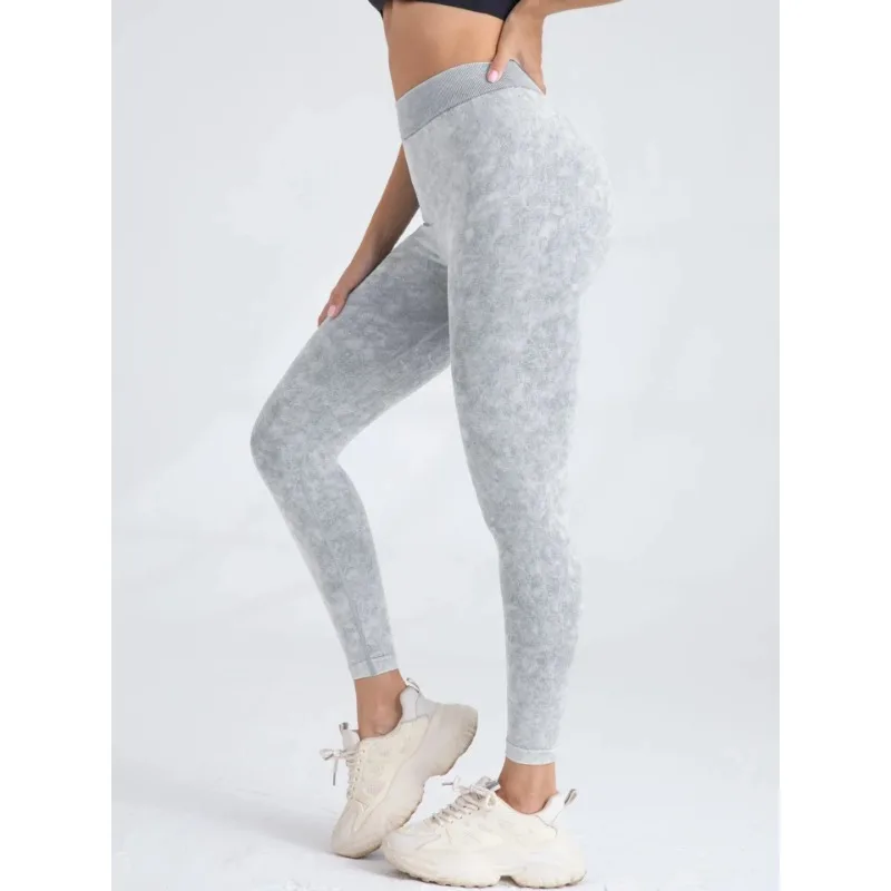 Sports Seamless Leggings Women V-back Waist Tights High Waist Hip Liftting Gym Pants Frosted Water Wash Stretchy Yoga Leggings