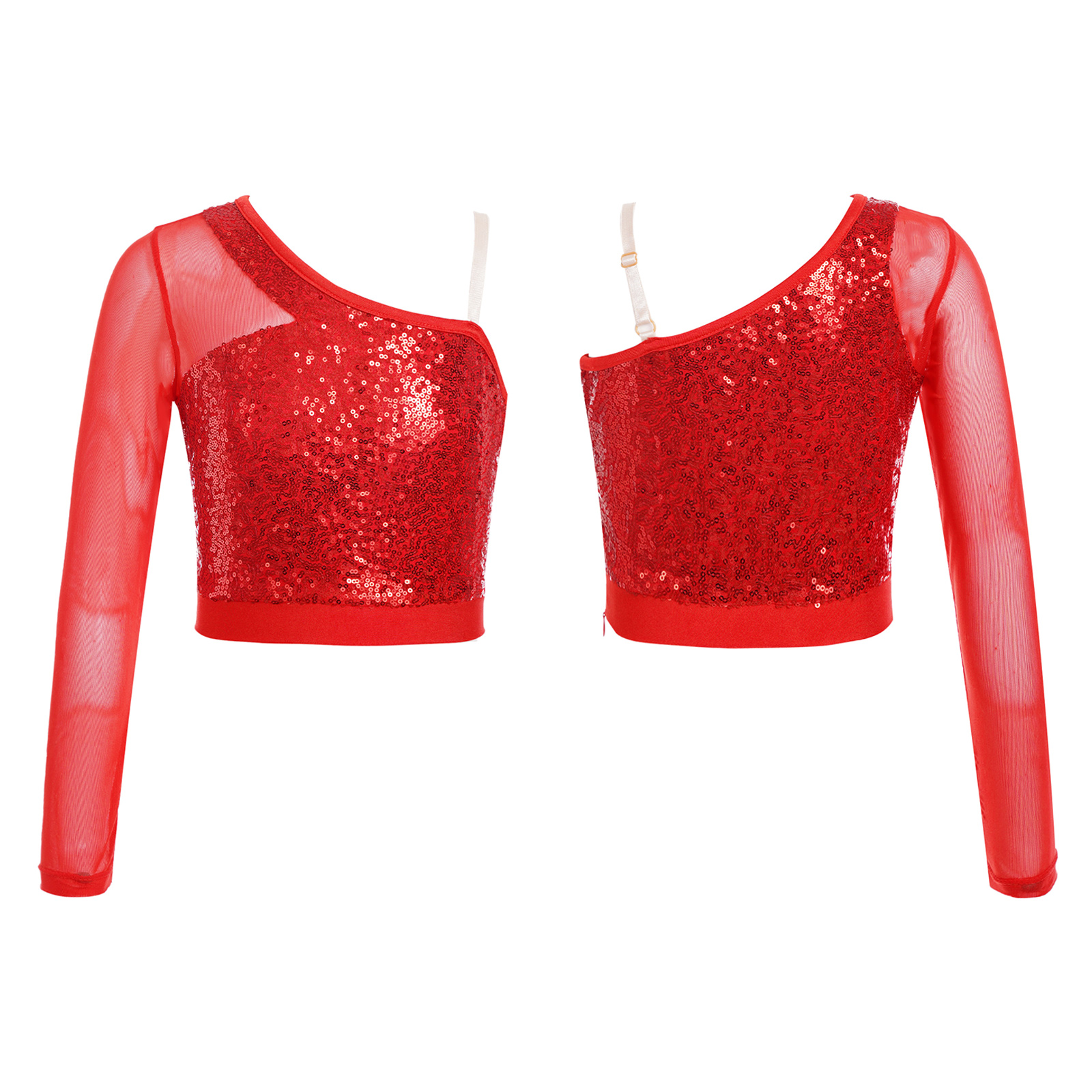 Kids Girls Jazz Dance Tops One Shoulder Shiny Sequins Crop Top for Ballet Gymnastics Skating Stage Performance Dance Wear