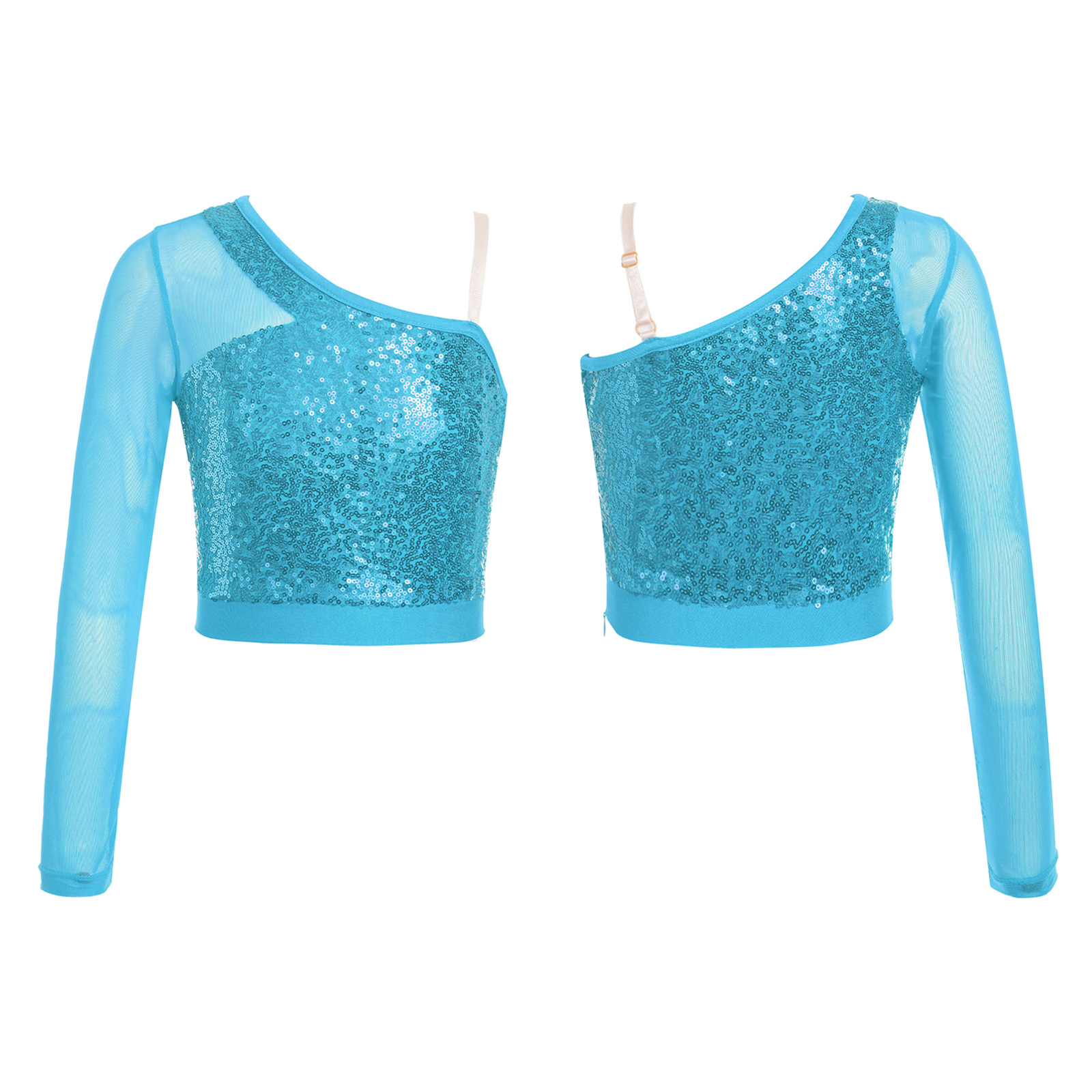 Kids Girls Jazz Dance Tops One Shoulder Shiny Sequins Crop Top for Ballet Gymnastics Skating Stage Performance Dance Wear