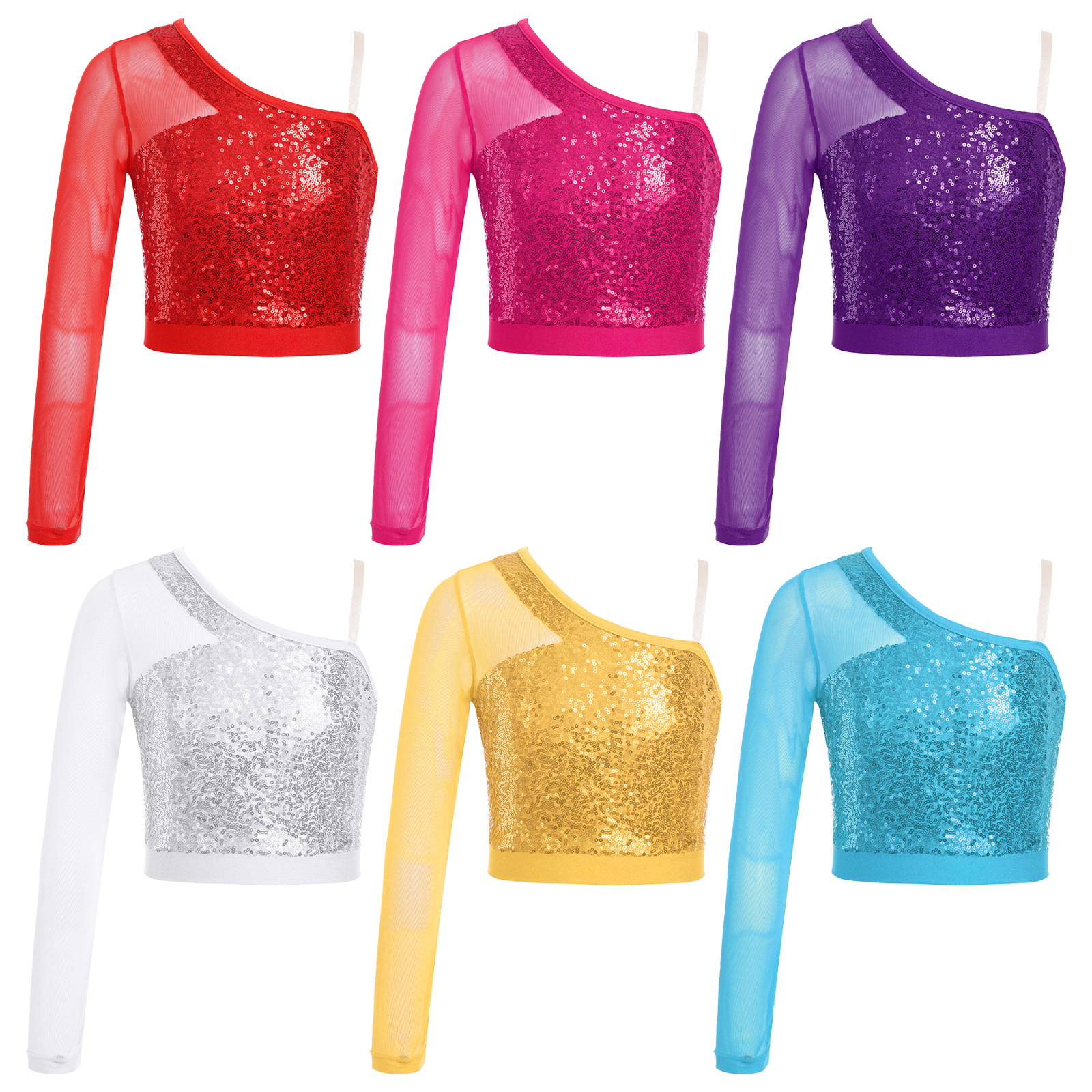 Kids Girls Jazz Dance Tops One Shoulder Shiny Sequins Crop Top for Ballet Gymnastics Skating Stage Performance Dance Wear
