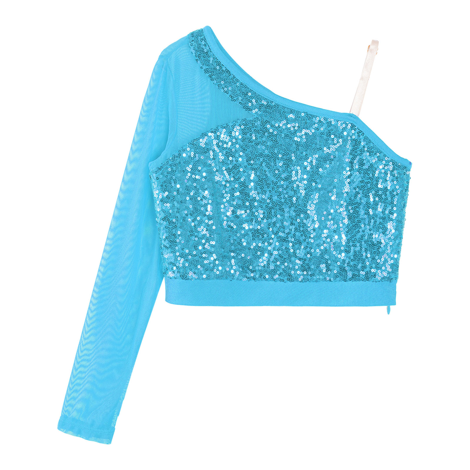 Kids Girls Jazz Dance Tops One Shoulder Shiny Sequins Crop Top for Ballet Gymnastics Skating Stage Performance Dance Wear