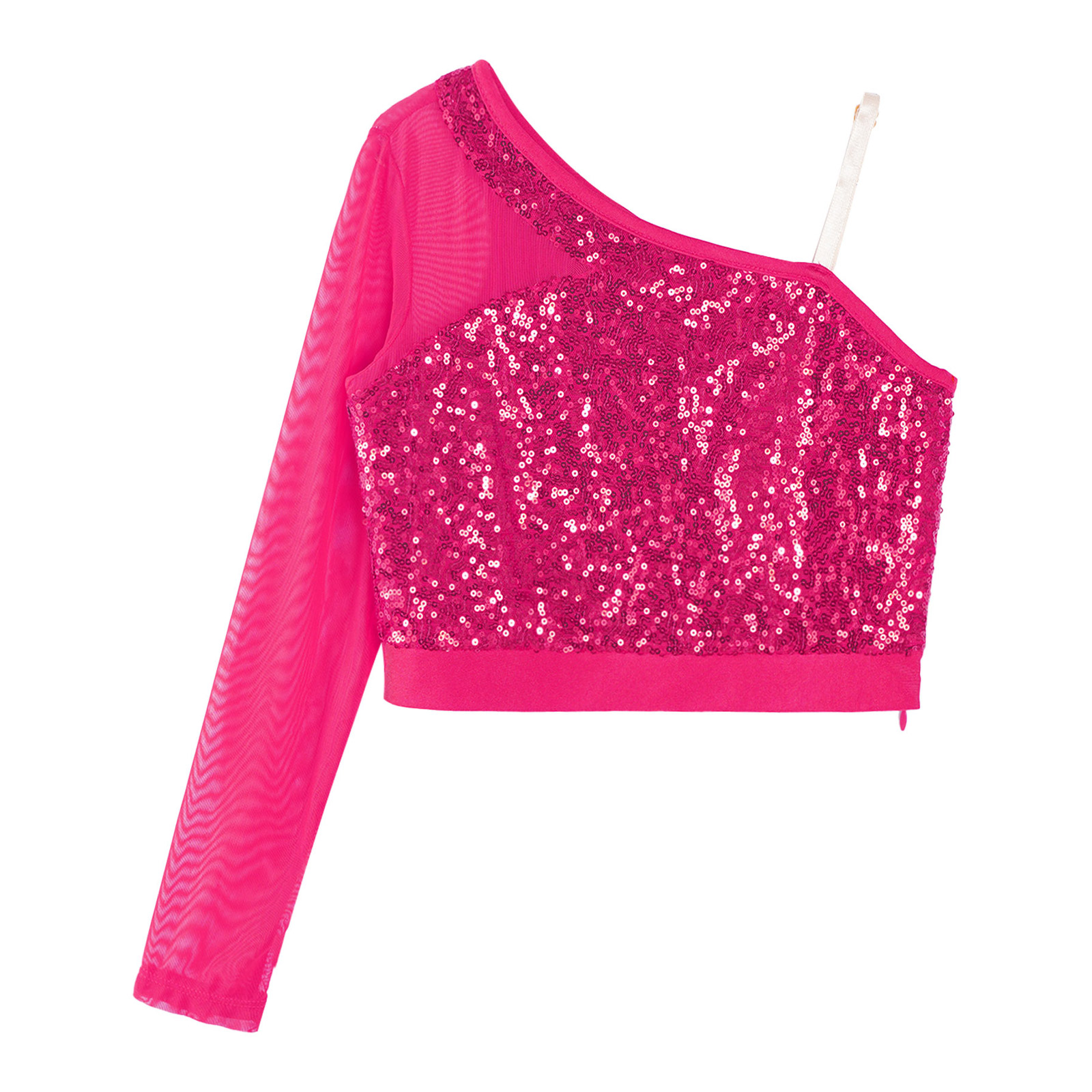 Kids Girls Jazz Dance Tops One Shoulder Shiny Sequins Crop Top for Ballet Gymnastics Skating Stage Performance Dance Wear