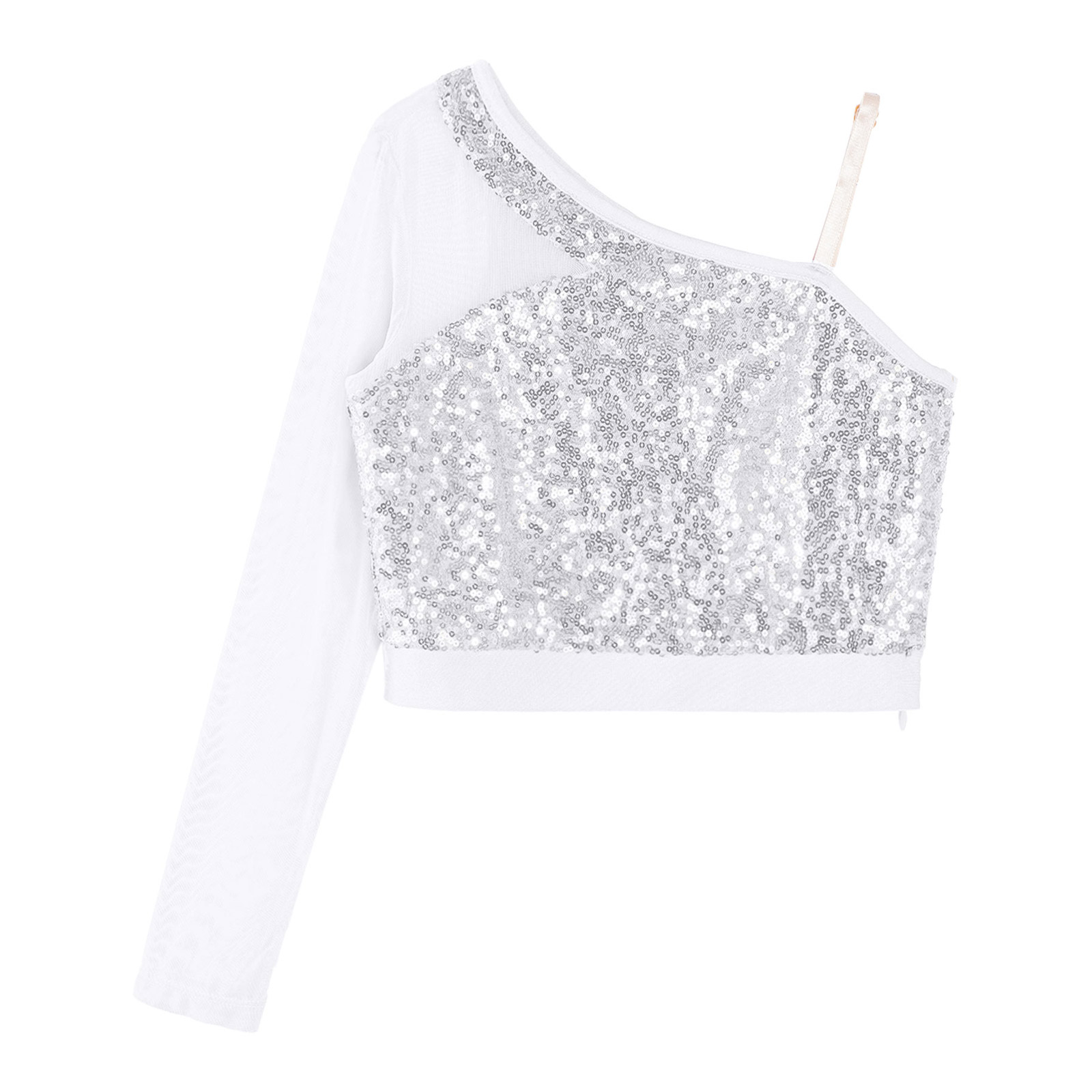 Kids Girls Jazz Dance Tops One Shoulder Shiny Sequins Crop Top for Ballet Gymnastics Skating Stage Performance Dance Wear