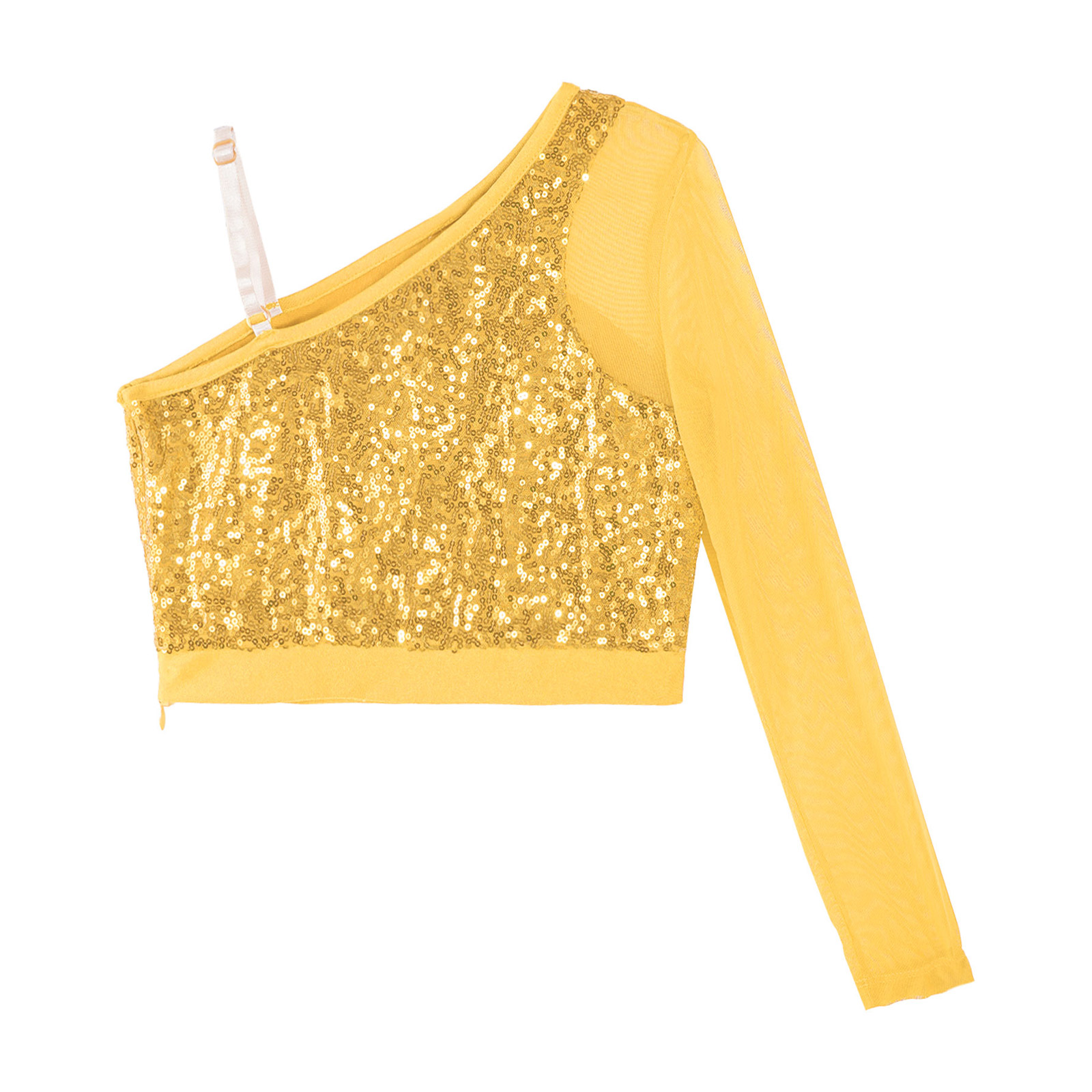 Kids Girls Jazz Dance Tops One Shoulder Shiny Sequins Crop Top for Ballet Gymnastics Skating Stage Performance Dance Wear