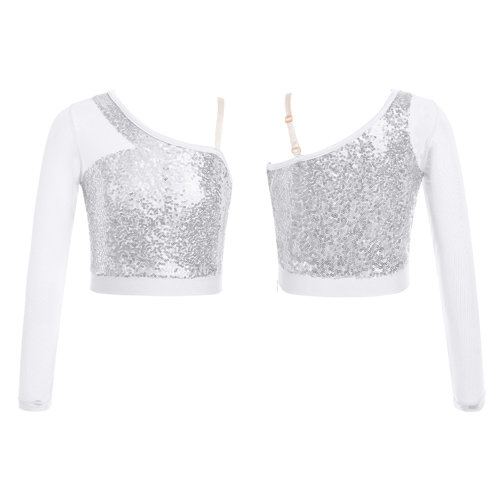 Kids Girls Jazz Dance Tops One Shoulder Shiny Sequins Crop Top for Ballet Gymnastics Skating Stage Performance Dance Wear